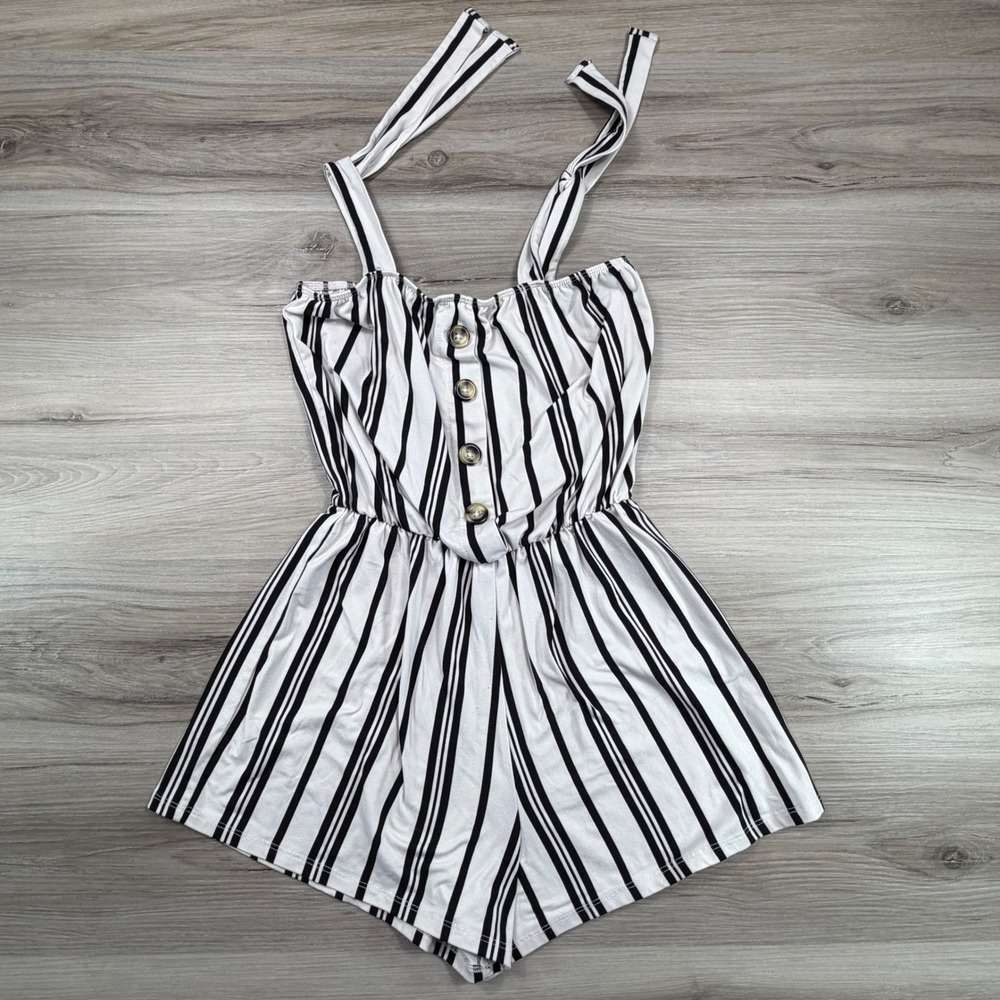 Heart & Arrow Girls Black White Striped Sleeveless Tie Strap Romper Size 10